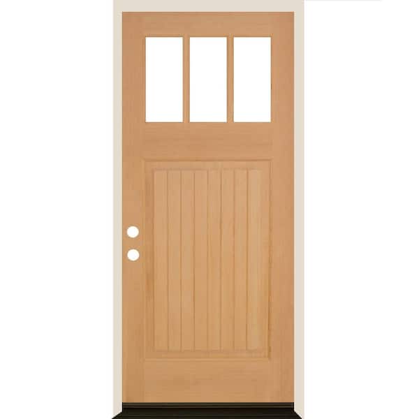Krosswood Doors 36 in. x 80 in. Craftsman 3 Lite V Groove Unfinished Stain Right-Hand/Inswing Douglas Fir Prehung Front Door