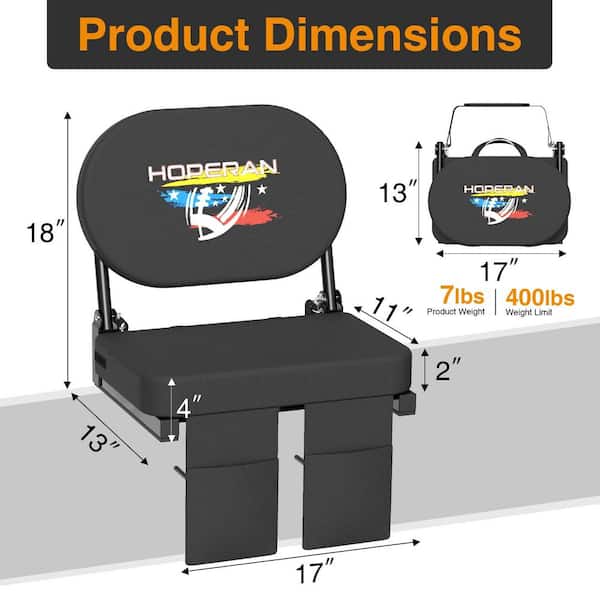 Black Stadium Seats for Padded Bleachers with Back Support and Shoulder Strap, Portable Folding Bleacher Chair