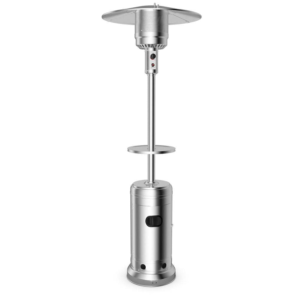 Silver Freestanding Propane Patio Heater with Rolling Wheels and Table