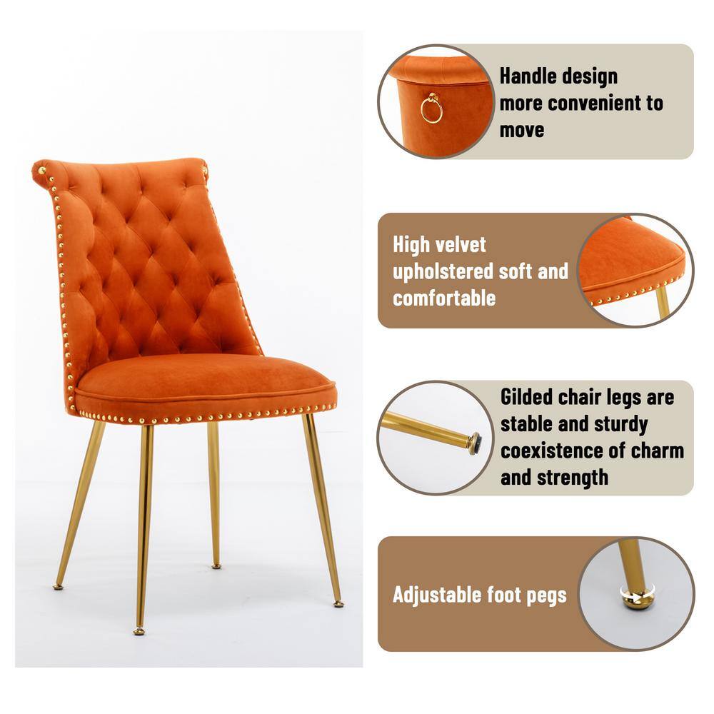 Orange Velvet Upholstered Side Chair with Gold Metal Legs
