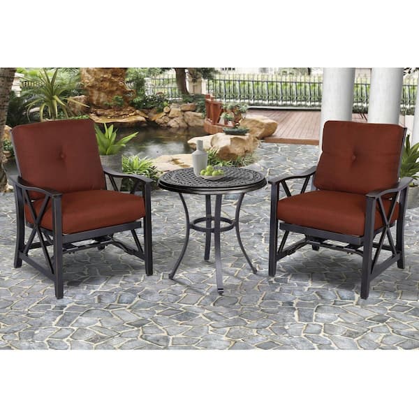 Unbranded 3-Piece Patio Bistro Set, Outdoor Conversation Set, Casting Aluminum Side Table, 2 Rocking Lounge Chairs w/ Red Cushions