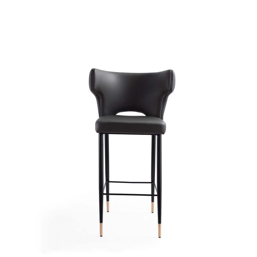 Holguin Gray Leather and Ash Wood Bar Stool with Gold Detailing