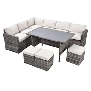 7-Pieces Outdoor Sectional Conversation Sofa with Dining Table All Weather PE Rattan and Steel Frame Removable Cushions