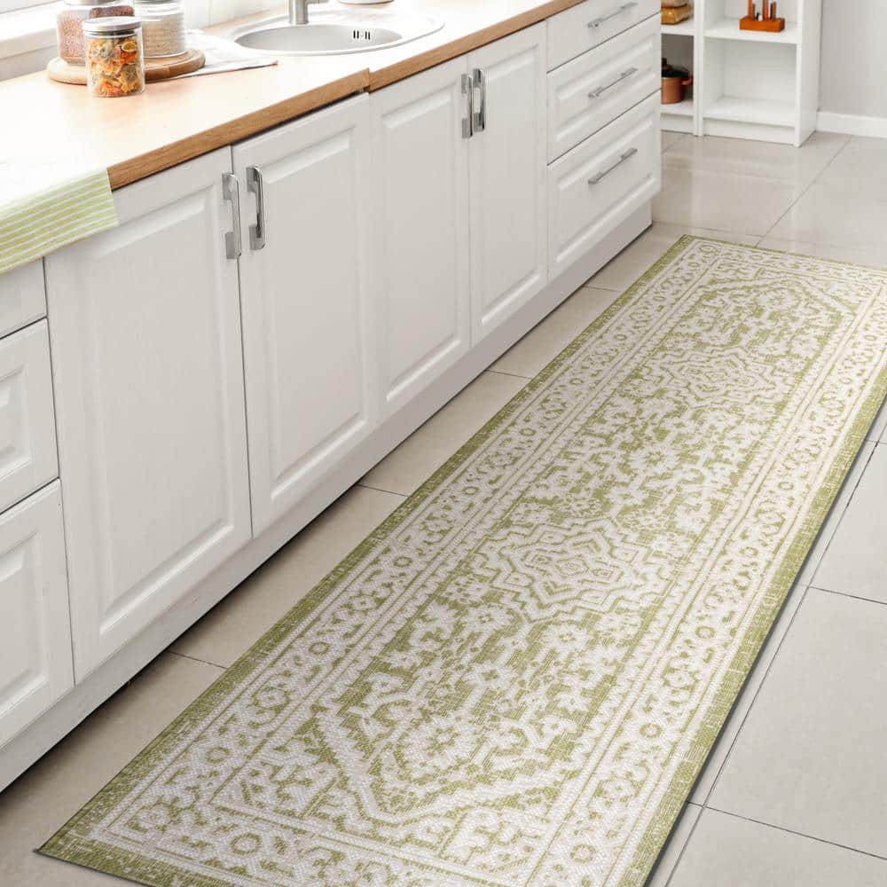 Sinjuri Medallion Textured Weave Green/Cream 2 ft. x 10 ft. Indoor/Outdoor Area Rug price history on PriceWatchPro