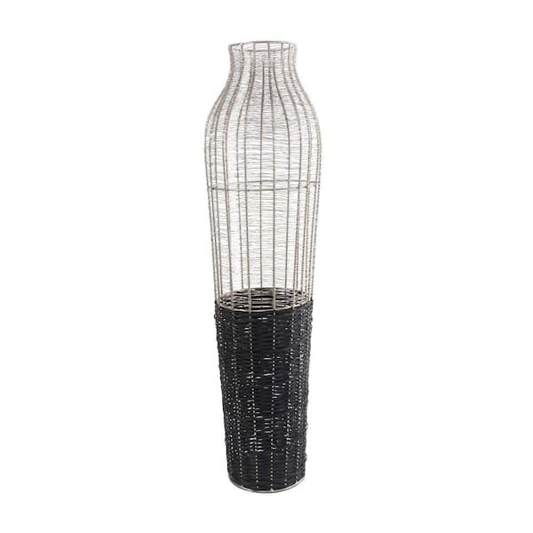 Litton Lane 36 in. Silver Tall Metal Decorative Vase with Woven Black Rattan Base