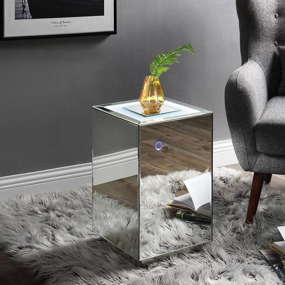 Mirrored Square Wood and Glass Accent Table with LED