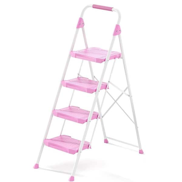 4 Step Ladder 900lbs Load Capacity Foldable Pink Sturdy Step Stool with Handrail Anti-Slip Wide Pedals for Home Garden
