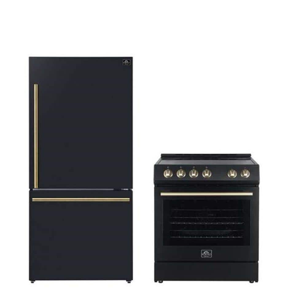 Forno Premium 2-Piece Kitchen Bundle - Leonardo Espresso 30 in. Black Range, 31 in. Black Bottom Freezer Refrigerator