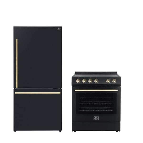 Forno Premium 2-Piece Kitchen Bundle - Leonardo Espresso 30 in. Black Range, 31 in. Black Bottom Freezer Refrigerator