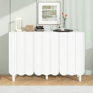 White Minimalist Shoe Storage Cabinet with Solid Wood Legs, Adjustable Shelves, Sideboard Buffet Cabinet with Wave Doors