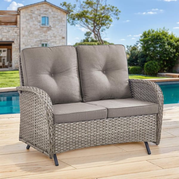 2-Person Gray Wicker Patio Outdoor Glider with Cushion Guard Gray Cushions