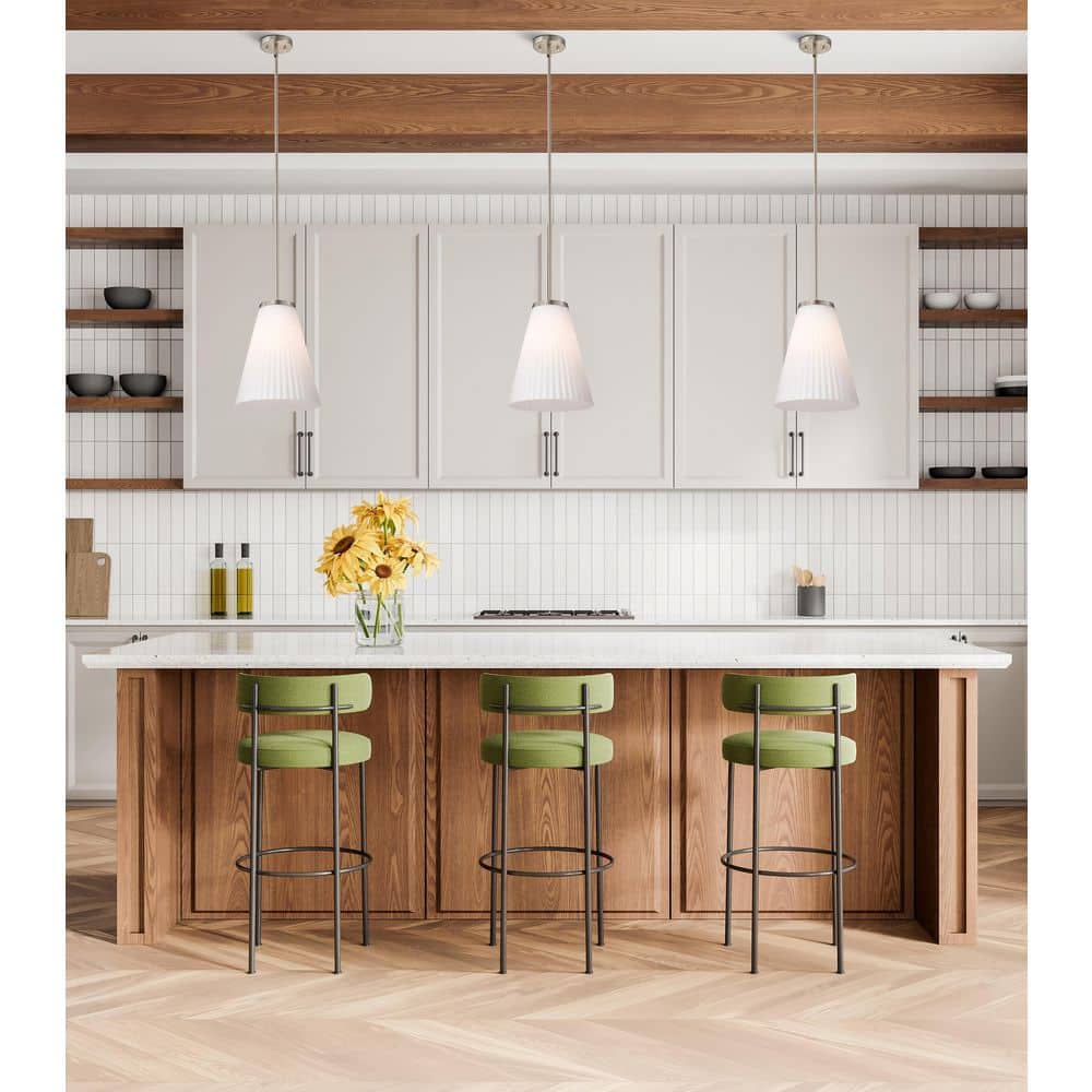 Royale 100-Watt 1-Light Brushed Nickel Shaded Pendant Light with Ribbed White Glass Shade, No Bulbs Included price history on PriceWatchPro