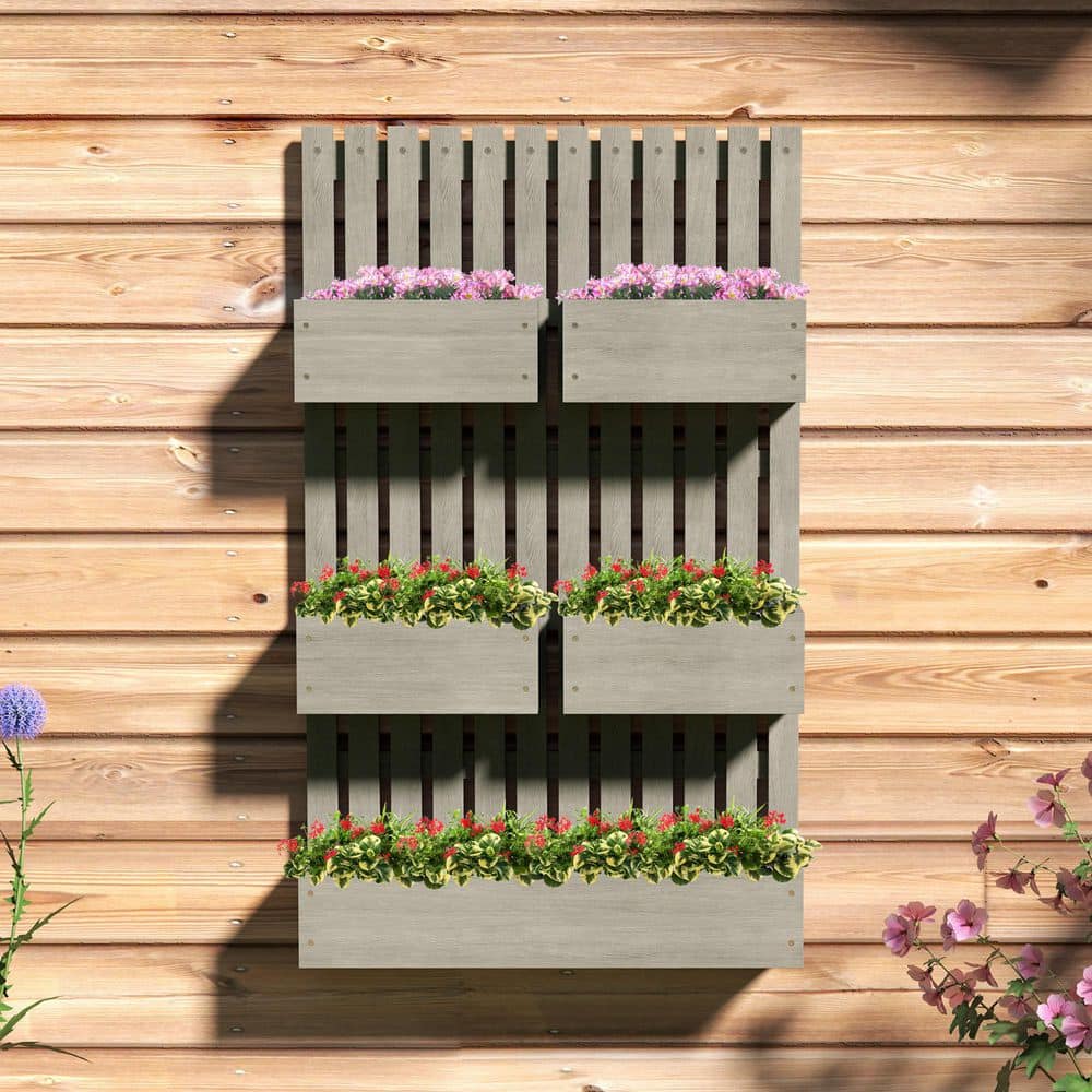 Gray Fir Wood Wall-Mounted Trellis Planter with Raised Garden Beds