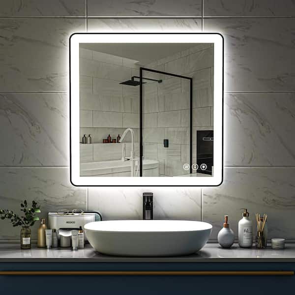 ORGANNICE 38 in. W x 38 in. H Rectangular Framed LED Anti-Fog Wall Mount Bathroom Mirror in Black with Backlit and Front Light