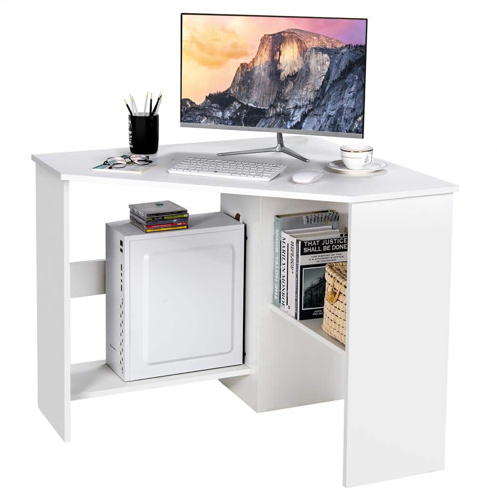 White Wood Corner Computer Desk with Storage Shelves