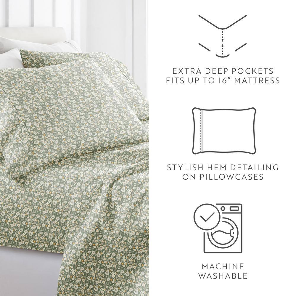 Green Floral Kids Unisex Queen Microfiber Sheet Set