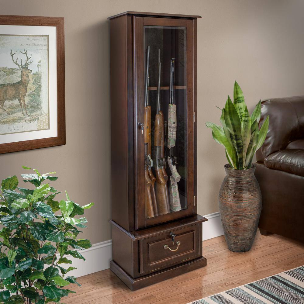 Dark Brown Solid Wood 8-Gun Display Cabinet with Locking Glass Door
