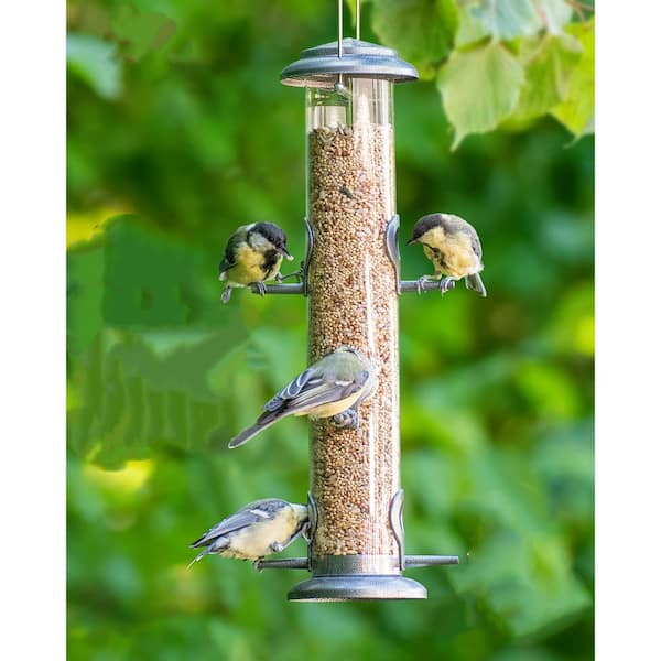OGETFUUR Silver Metal Hanging Bird Seed Feeder with 14 6-Port