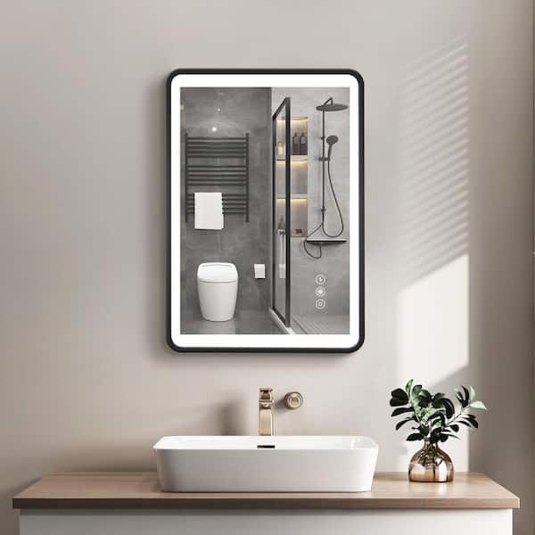 EAKYHOM 24 in. W x 32 in. H Medium Rectangular Black Framed LED Anti-Fog Dimmable Wall-Mounted Bathroom Vanity Mirror