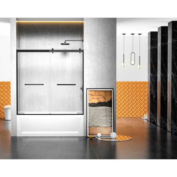 Unbranded Simply Living 60 in. W x 60 in. H Frameless Sliding Tub Door in Matte Black with Clear Glass