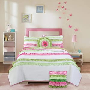 Girly Ruffle Striped Frills 3-Piece Pink Green White Chic Flamenco Ruffles Cotton Queen Quilt Bedding Set
