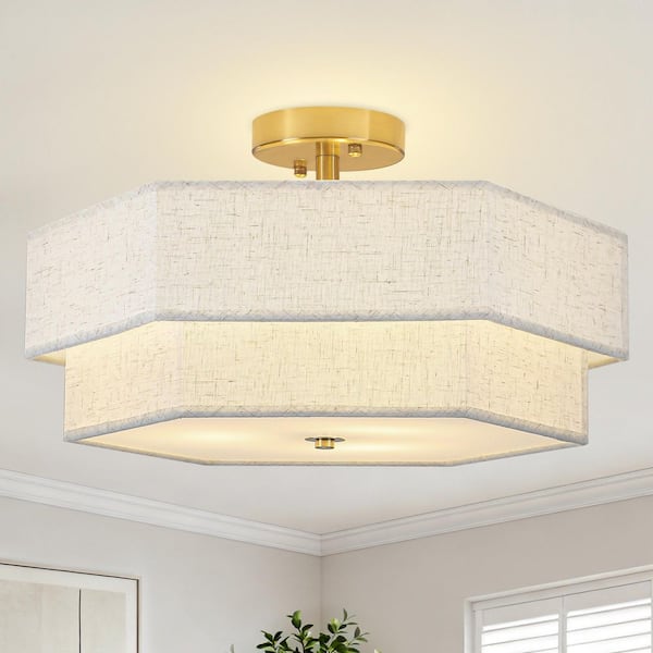 17.7 in. 3-Light Modern Gold Metal and Fabric Drum Semi Flush Mount Ceiling Light Fixture