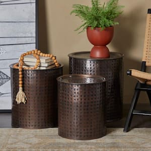 18 in. Brown Handmade Large Cylinder Metal End Accent Table with Hammered Design (3- Pieces)