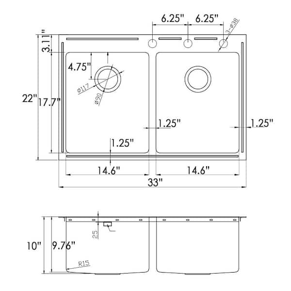 CozyBlock 33 x 22 x 9 Inch 60/40 Offset Top-mount / Drop-in Stainless Steel