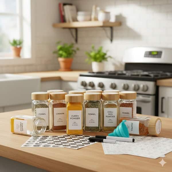 24 Piece Square Glass Spice Jar Set with Bamboo Airtight Lids Shaker Tops and 398 Waterproof Labels for Organizing