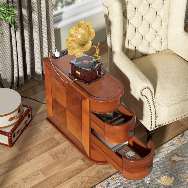 BYBLIGHT Kerlin 23. 62 in. Brown Rectangle Wood End Table with Charging Station