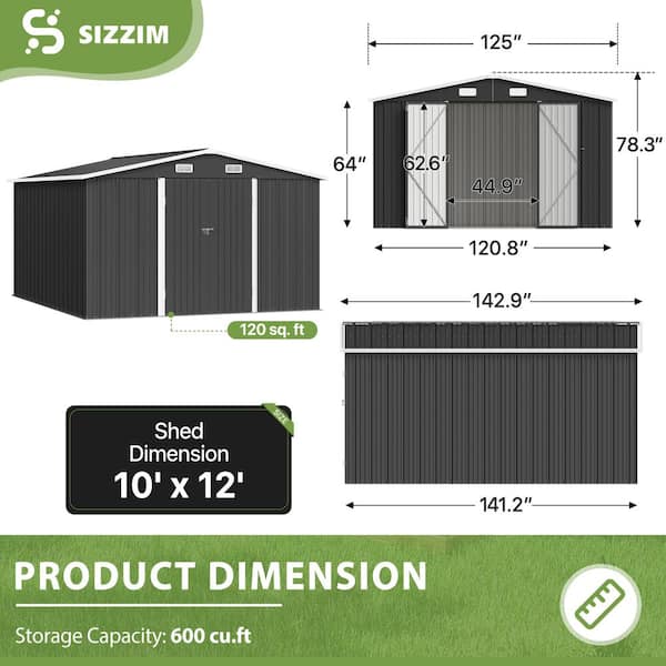 Sizzim 10 ft. W x 12 ft. D Black Outdoor Storage Metal Shed with