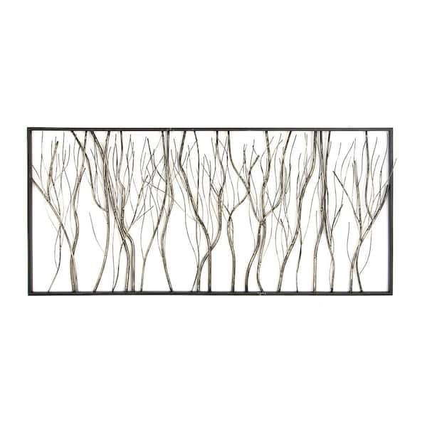 Litton Lane 48 in. x  22 in. Metal Silver Distressed Dimensional Branch Tree Wall Decor with Black Frame