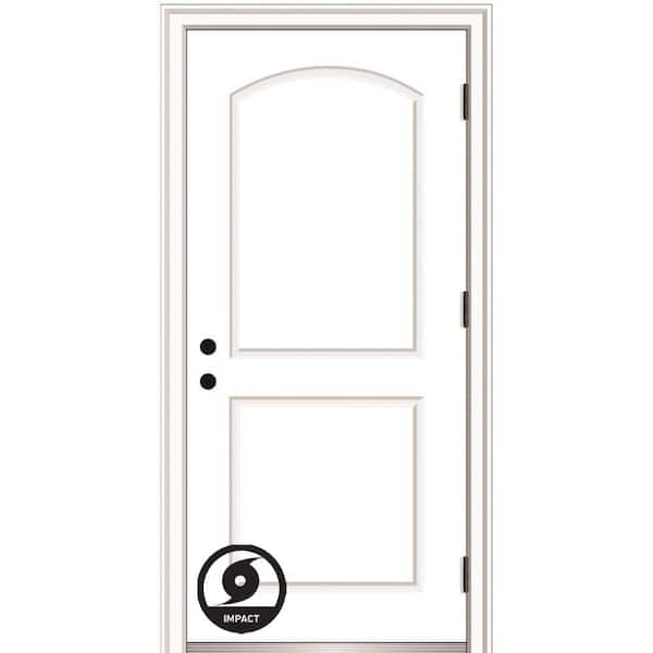 MMI DOOR 32 in. x 80 in. Severe Weather Left-Hand Outswing 2-Panel Arch Primed Fiberglass Smooth Prehung Front Door