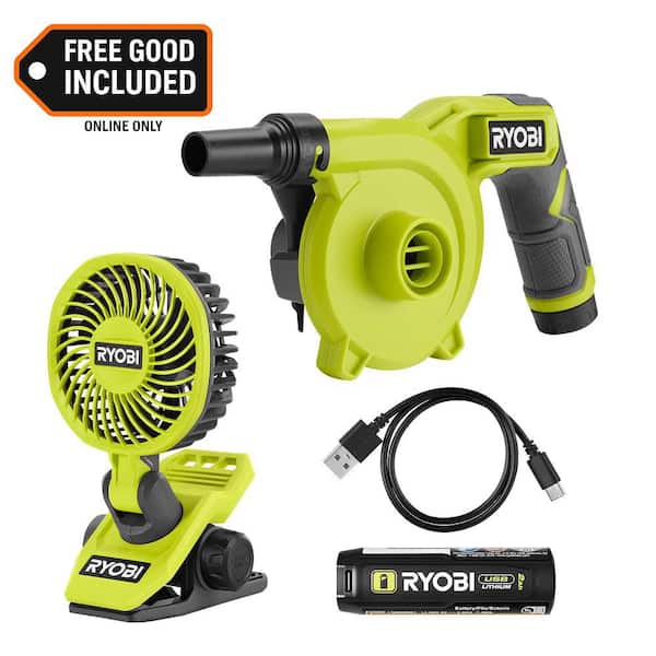 USB Lithium Cordless High Volume Inflator Kit with USB Lithium 2.0 Ah Battery with USB Lithium Cordless Clamp Fan