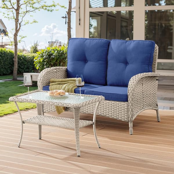 Pocassy 2-Piece Gray Wicker Outdoor Loveseat Set Patio Rattan Loveseat with Blue Cushions and Coffee Table