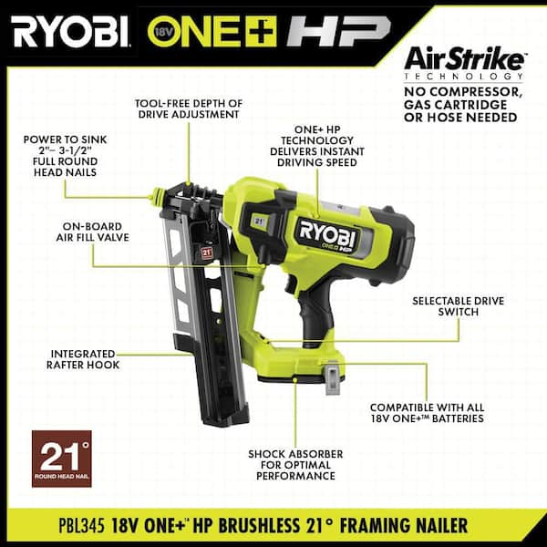 RYOBI ONE+ HP 18V Brushless Cordless AirStrike 21° Framing Nailer Kit with  4.0 Ah Battery and Charger PBL345KN - The Home Depot