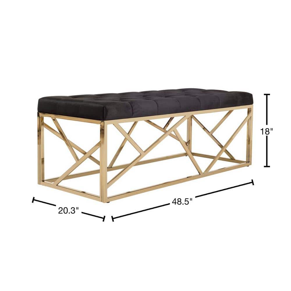 Luxurious Black Velvet and Gold Foil Tufted Rectangular Bench