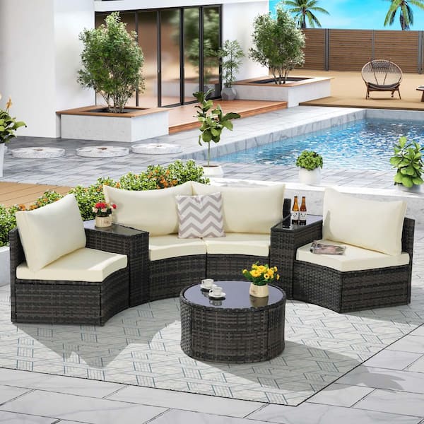 Zeus & Ruta 7-Piece Gray Wicker Half-Moon Outdoor Sectional Sofa Set with Beige Cushions and 1 Glass Round Coffee Table
