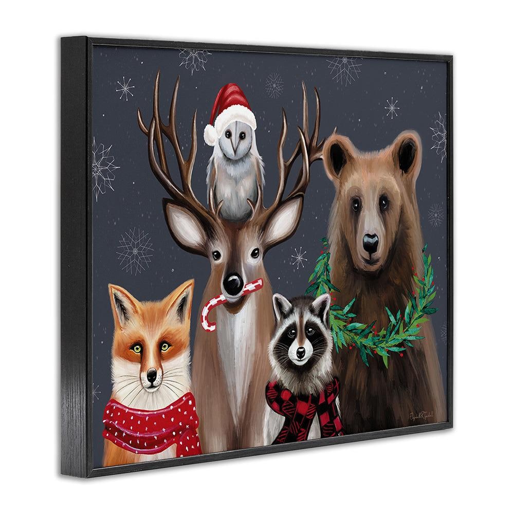 Winter Woodland Animals Christmas Canvas Print in Black Frame