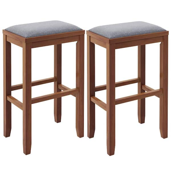 Costway 31 in. Walnut Upholstered Bar Stools Wooden Bar Height Dining Chairs (Set of 2)