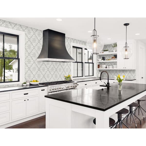 56 sq. ft. Luxe Retreat Cove Gray and Metallic Silver Smooth Plumosa Tile Unpasted Paper Wallpaper