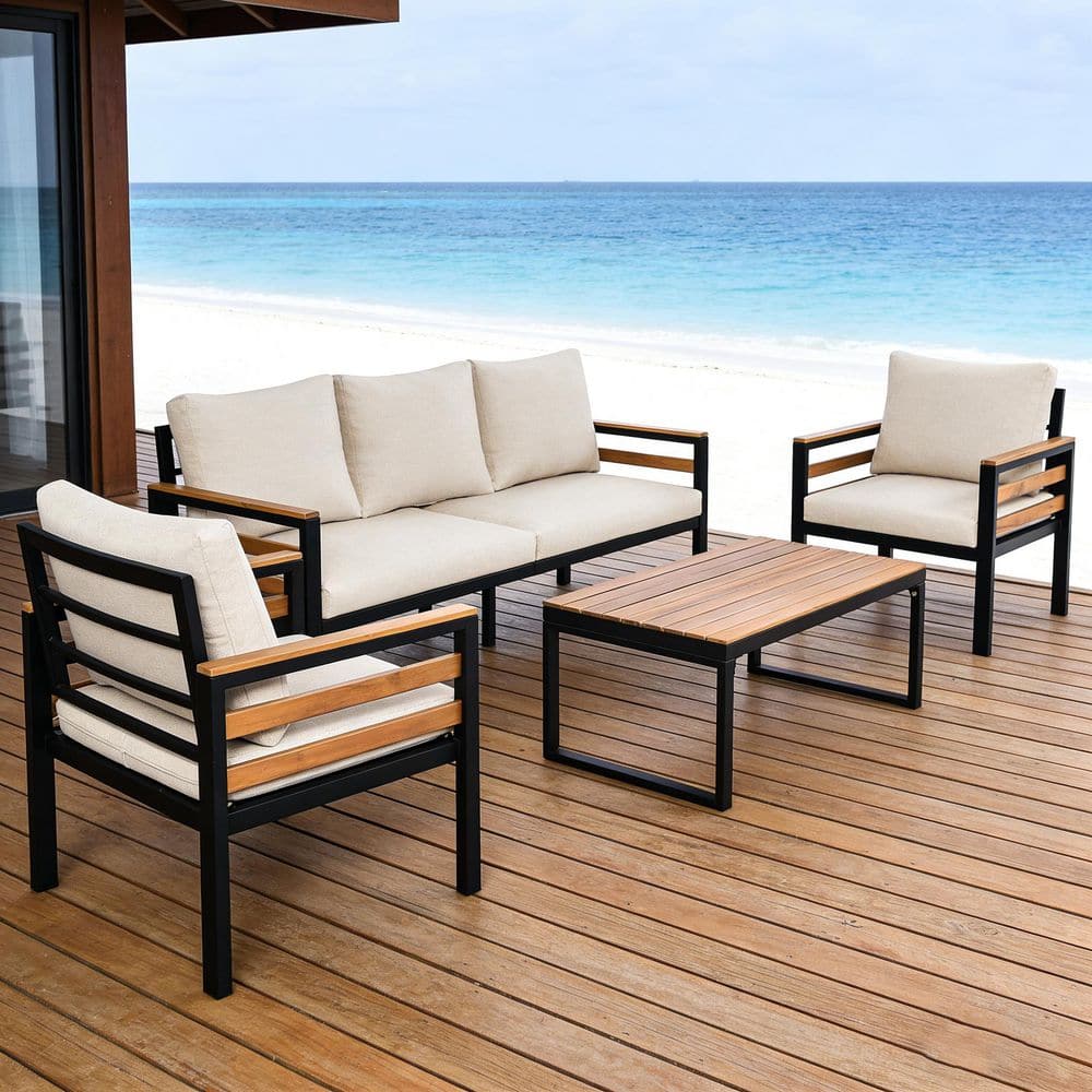 4-Piece Wood Outdoor Furniture Sofa Sectional Set with Removable Beige Cushions and Solid Wood Coffee Table