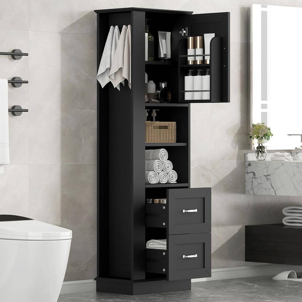 Tall MDF Bathroom Cabinet, Hooks & Adjustable Shelves, Upper Door & Lower Drawers (Black) price history on PriceWatchPro