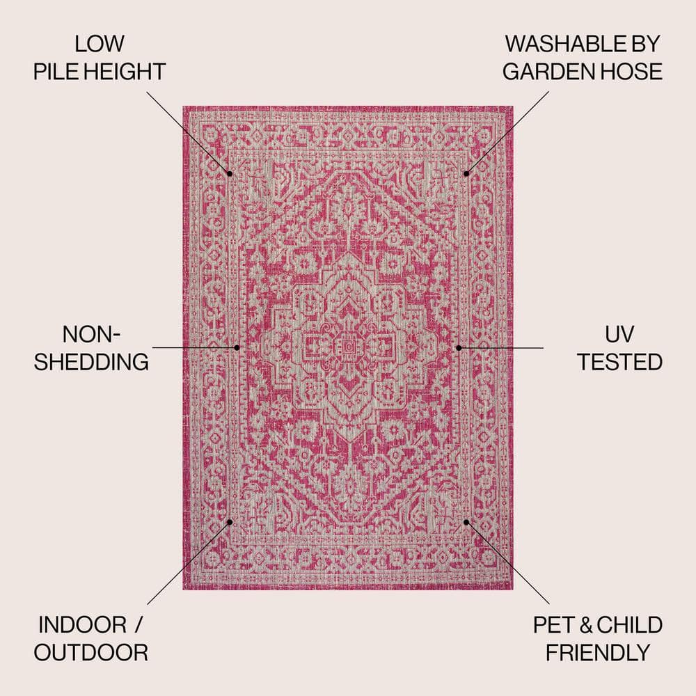 Fuchsia and Light Gray Medallion Synthetic 8' x 10' Area Rug
