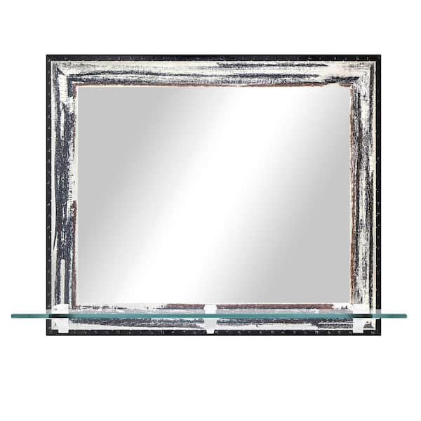 Unbranded 25.5in. W x 21.5in. H Framed Ivory/Navy Horizontal Rectangular Mirror/Tempered Glass Shelf/White Brackets