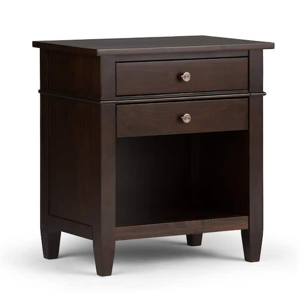 Simpli Home Carlton Solid Wood 24 in. Wide Transitional 2-Drawer Bedside Nightstand Table in Dark Tobacco Brown