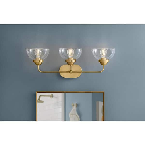 Home Decorators Collection Lowry 30 in. 3-Light Brushed Gold Vanity Light with Glass Shades