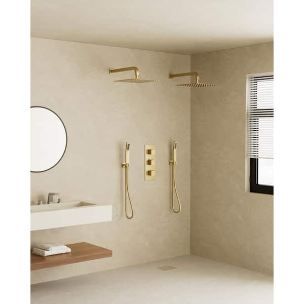 YAWWALK Thermostatic Valve 8-Spray 12 in. and 12 in. Wall Mount Dual Shower Head and Handheld Shower in Brushed Gold