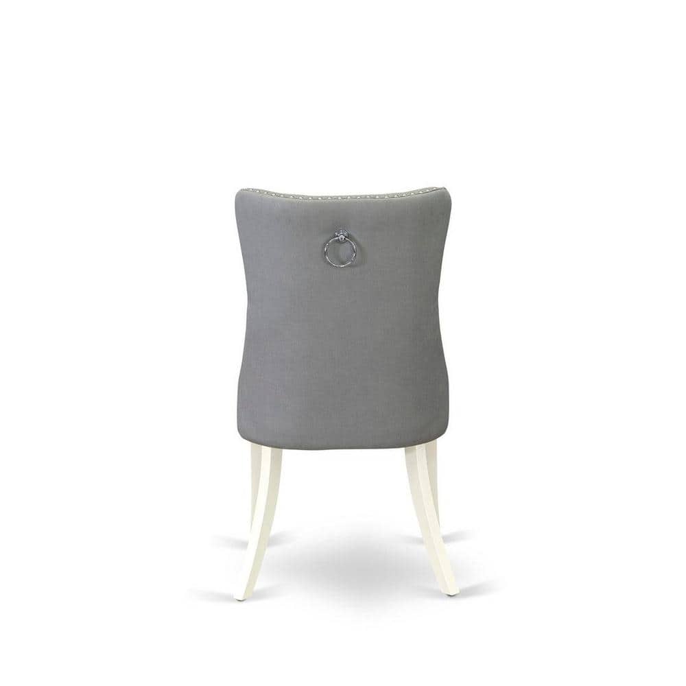 Linen White Round Pedestal Dining Table with 4 Gray Upholstered Parson Chairs