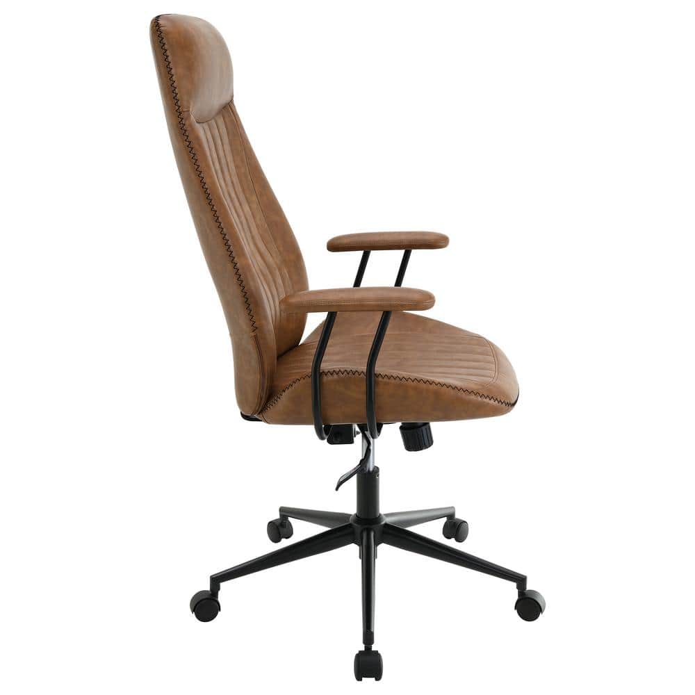 Brown Faux Leather Swivel Desk Chair with Wood Accents